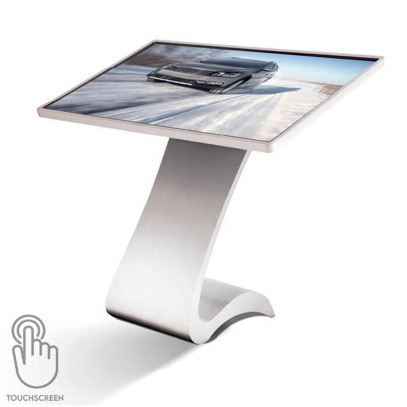 White S-Design kiosk with 4K touch display showing automotive content in landscape orientation