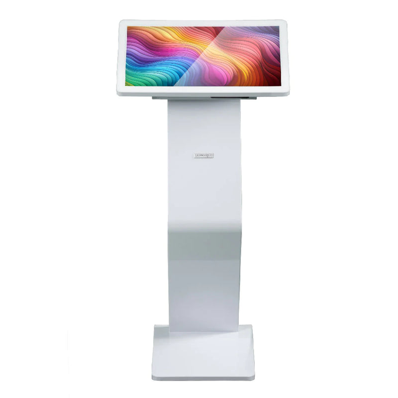 Front view of white K-Design kiosk pedestal with vibrant horizontal display screen