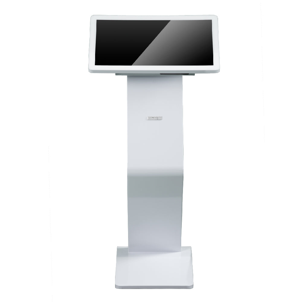 Side profile view of white K-Design kiosk showing slim construction and sturdy base-alternate-image3