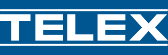 Telex logo in white text on blue background, representing professional audio equipment brand