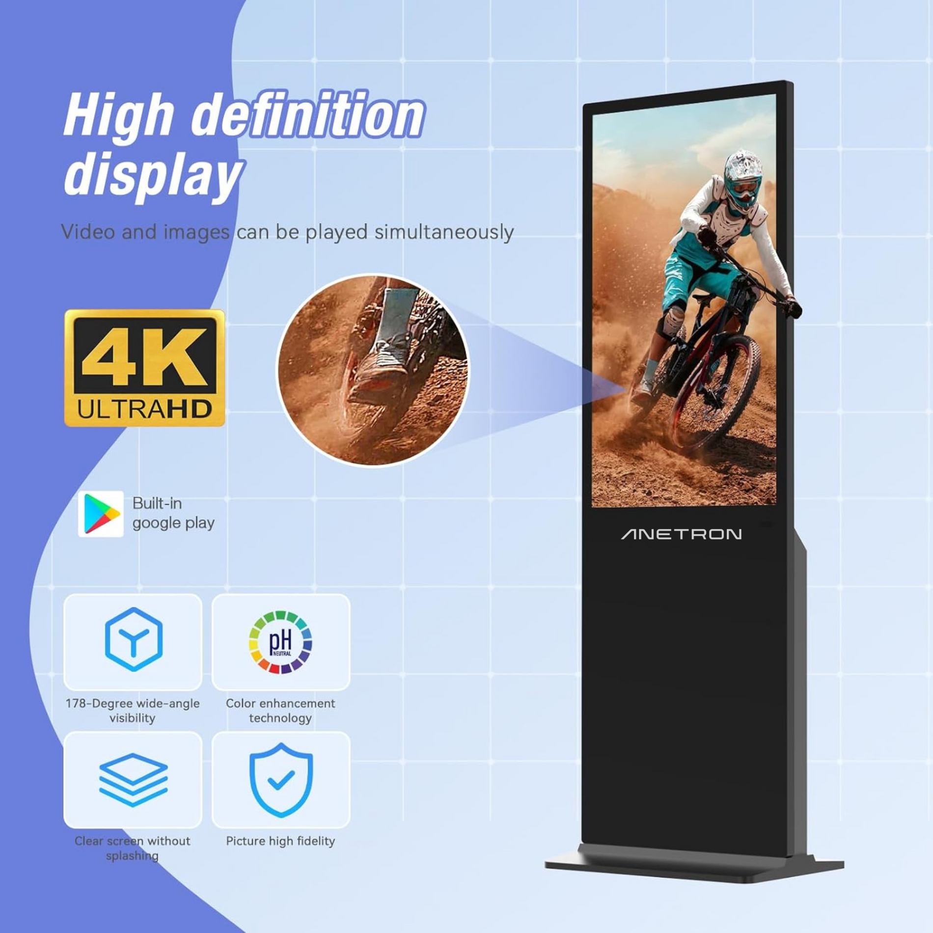 Anetron Digital Signage Portable Kiosk with 4K Touch Screen, LG Display, Built-in Speaker, HDMI, USB, and Ethernet Connectivity