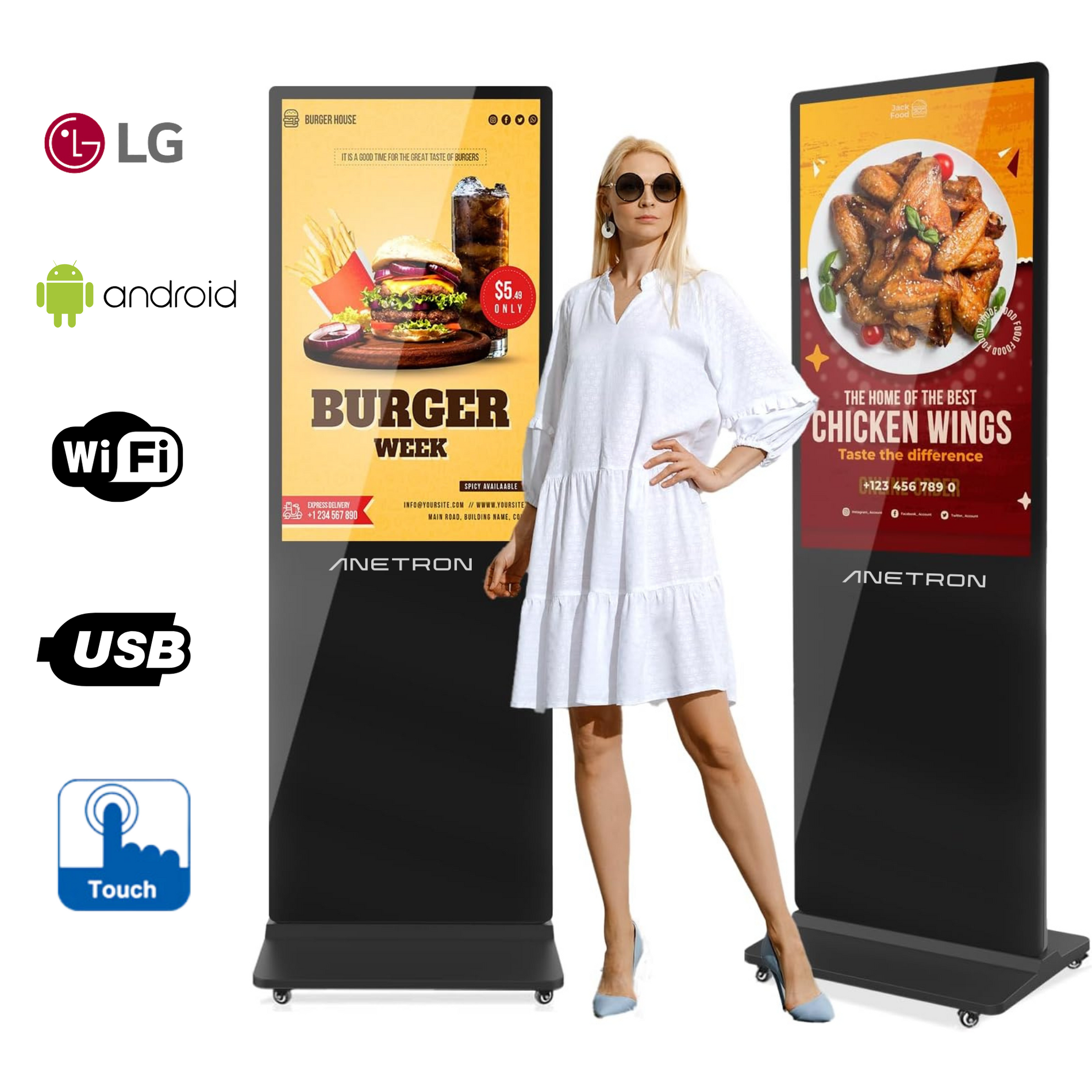 Anetron Digital Signage Portable Kiosk with 4K Touch Screen, LG Display, Built-in Speaker, HDMI, USB, and Ethernet Connectivity