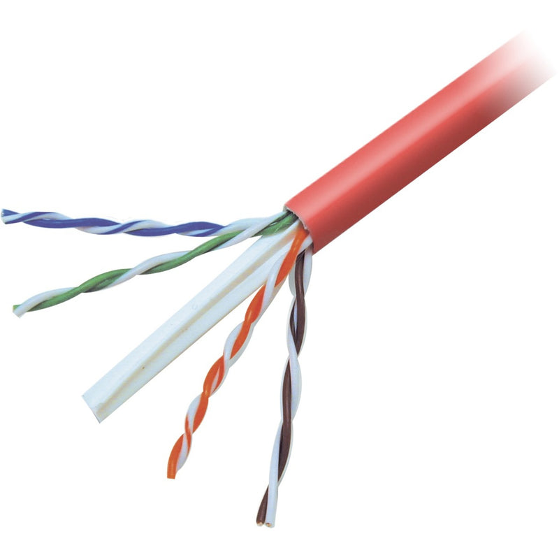 Close-up view of Belkin Cat6 cable internal structure showing separated twisted pairs with color-coded wires and red outer jacket