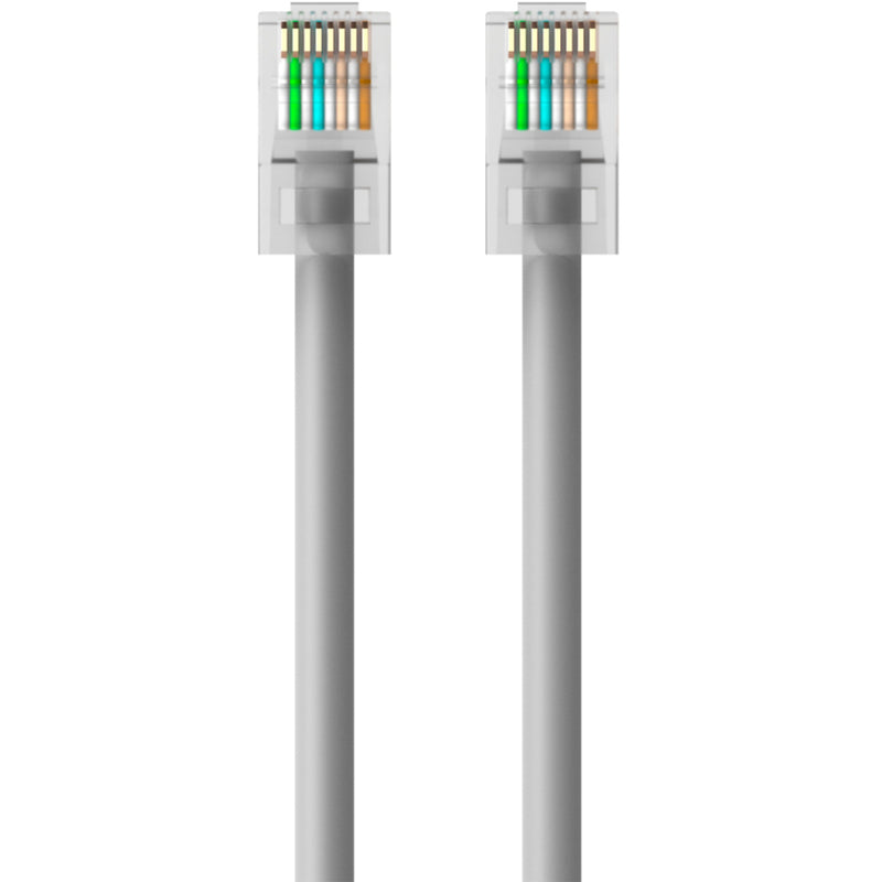 Front view of RJ45 connector showing color-coded wire arrangement and protective housing