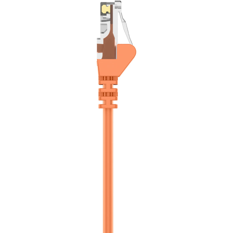 Side view of Belkin Cat5e patch cable orange snagless boot design