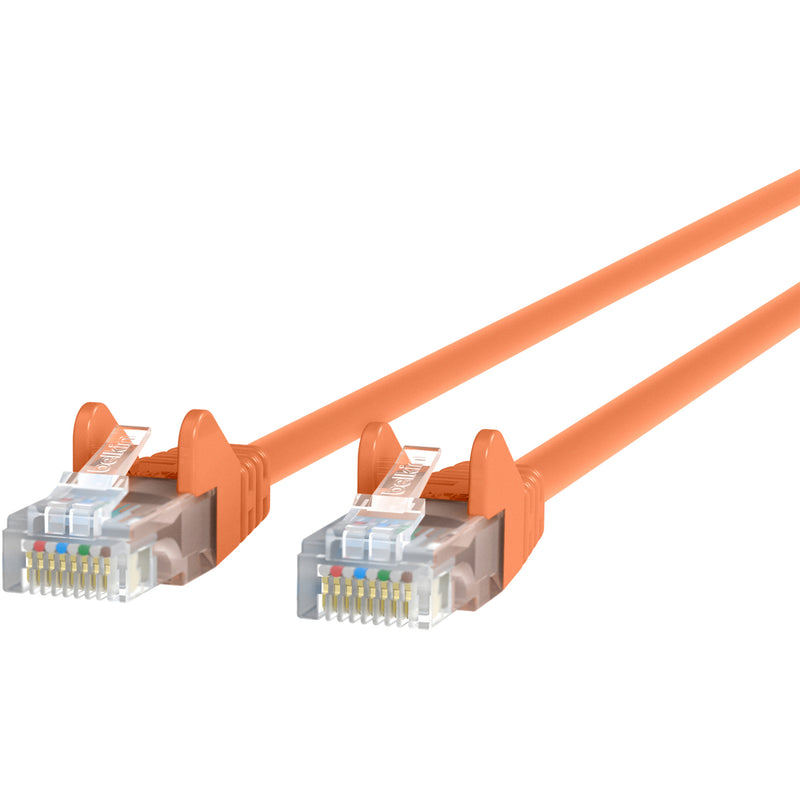 Full length view of orange Belkin Cat5e patch cable with RJ45 connectors