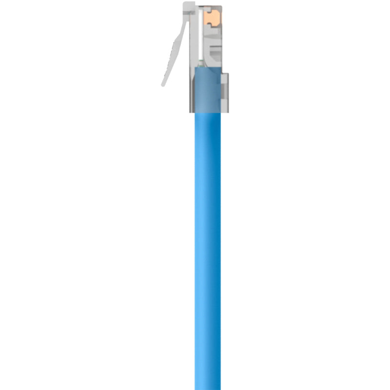 Detailed view of the strain relief boot on Belkin Cat5e cable connector