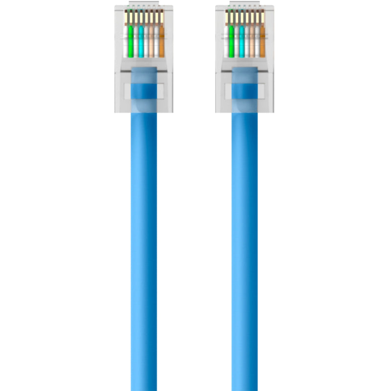 Top view of Belkin Cat5e RJ45 connector showing color-coded wire arrangement