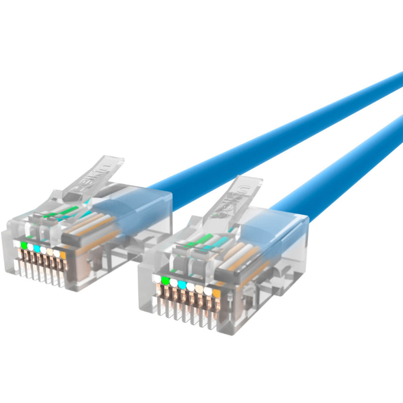 Side-by-side comparison of both RJ45 connectors on the Belkin Cat5e cable