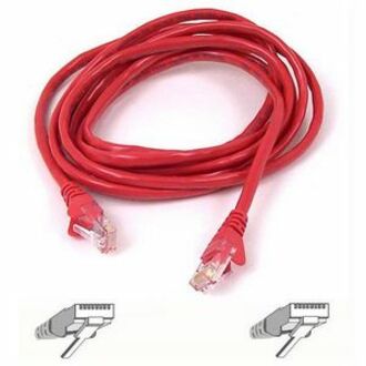 Red 5-foot Belkin Cat5e network patch cable with snagless RJ45 connectors on both ends