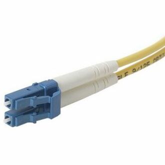 Belkin duplex fiber optic cable with blue LC connectors and yellow cable jacket