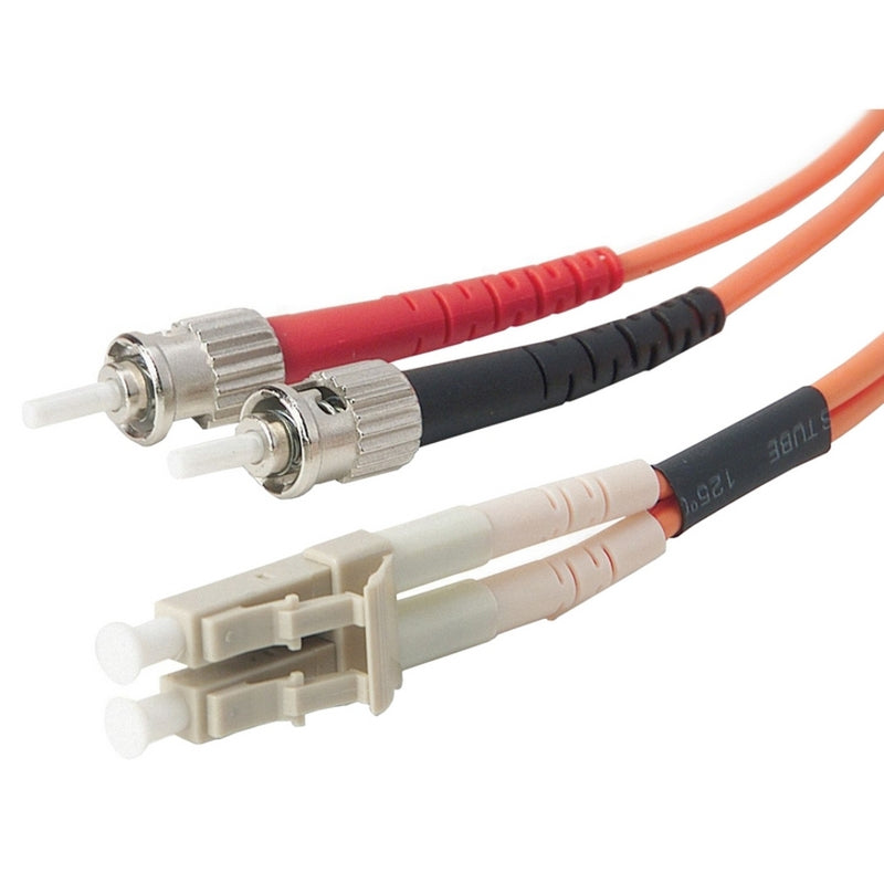 Belkin multimode duplex fiber optic patch cable showing LC connectors on one end and ST connectors on the other with orange cable jacket