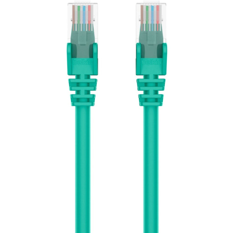 Close-up view of Belkin Cat5e patch cable's color-coded internal wiring and transparent RJ-45 connector