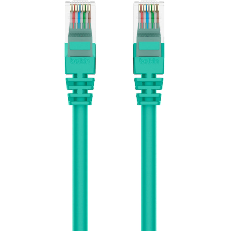 Close-up of Belkin Cat5e cable connector showing internal wire arrangement and clear housing