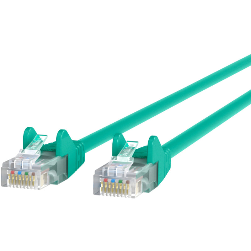 Side view of two RJ-45 connectors on Belkin Cat5e patch cable showing identical ends