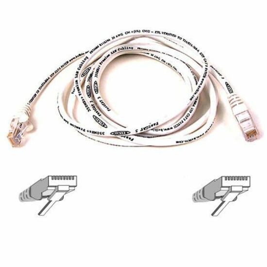 White Belkin Cat5e network patch cable with RJ-45 connectors and technical diagram showing connector pinouts