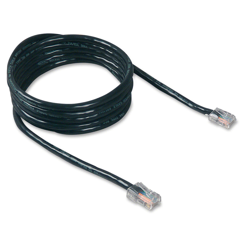 Full length view of coiled Belkin CAT5e ethernet cable showing flexibility and both RJ45 connectors