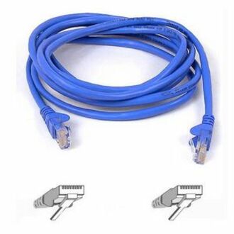 6-foot blue Belkin Cat5e network cable with RJ-45 connectors shown coiled with connector detail diagrams