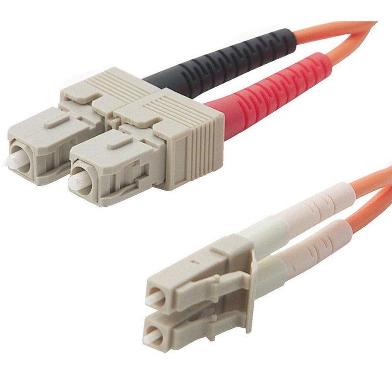 Belkin duplex fiber optic patch cable showing SC connectors on one end and LC connectors on the other with orange cable jacket