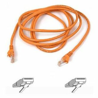 25-foot orange Cat5e network patch cable with snagless RJ45 connectors displayed in coiled form with connector diagrams