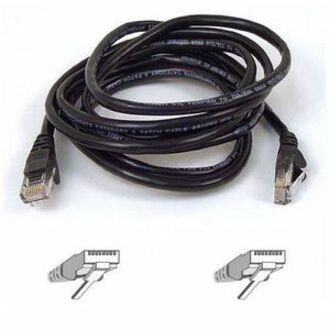 Black Belkin Cat5e network patch cable with RJ45 connectors on both ends, coiled view with connector diagrams