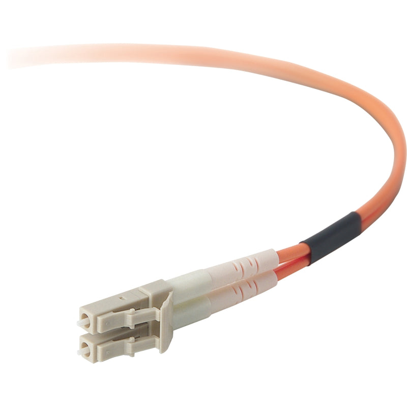 Belkin fiber optic patch cable with orange jacket and white LC duplex connectors