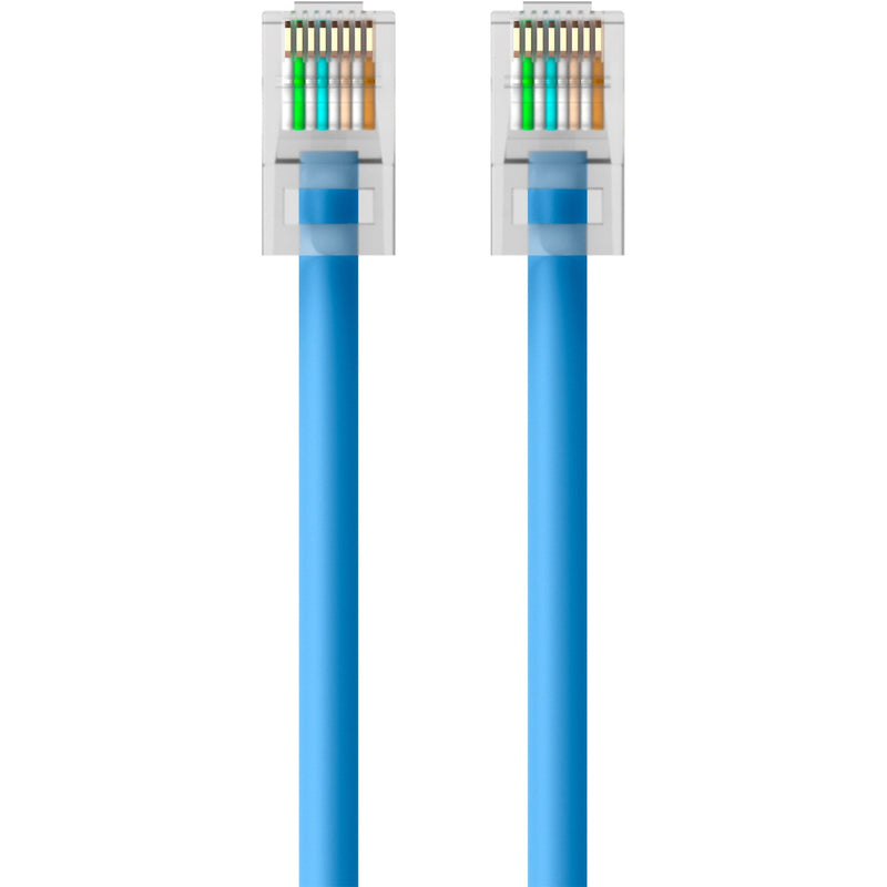 Close-up view of RJ45 connector ends on blue Cat5e cable showing internal wiring configuration