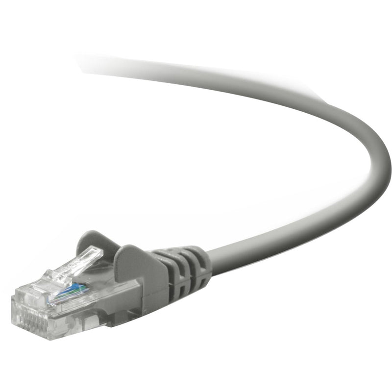 Close-up view of Belkin Cat5e network cable's RJ-45 connector showing gold-plated pins and strain relief boot