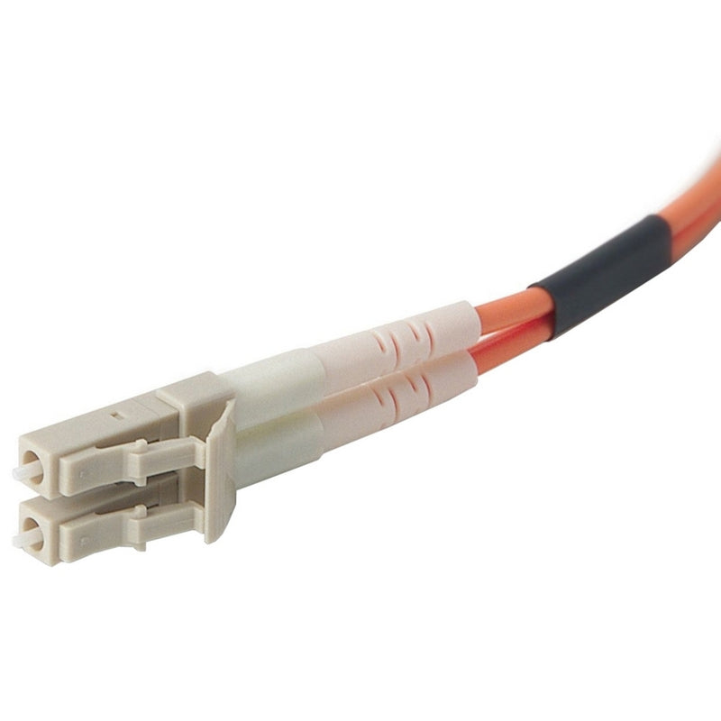 Close-up view of LC connector end of Belkin fiber optic patch cable showing duplex design and orange cable jacket