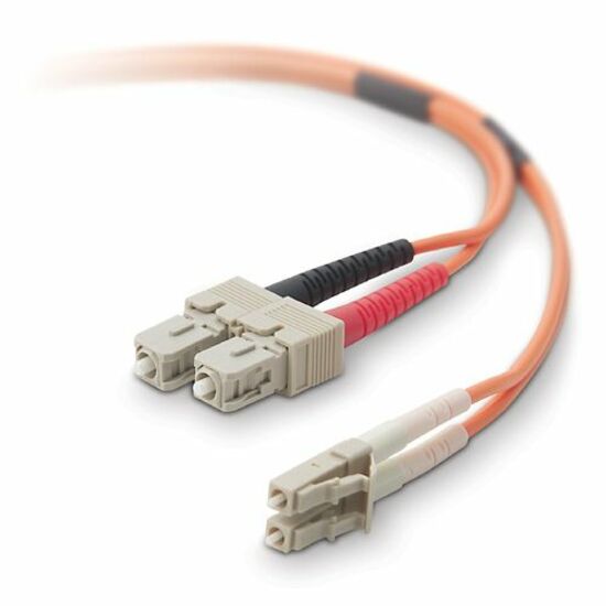 Orange Belkin fiber optic patch cable with LC connectors on one end and SC connectors on the other end, showing detailed view of connectors