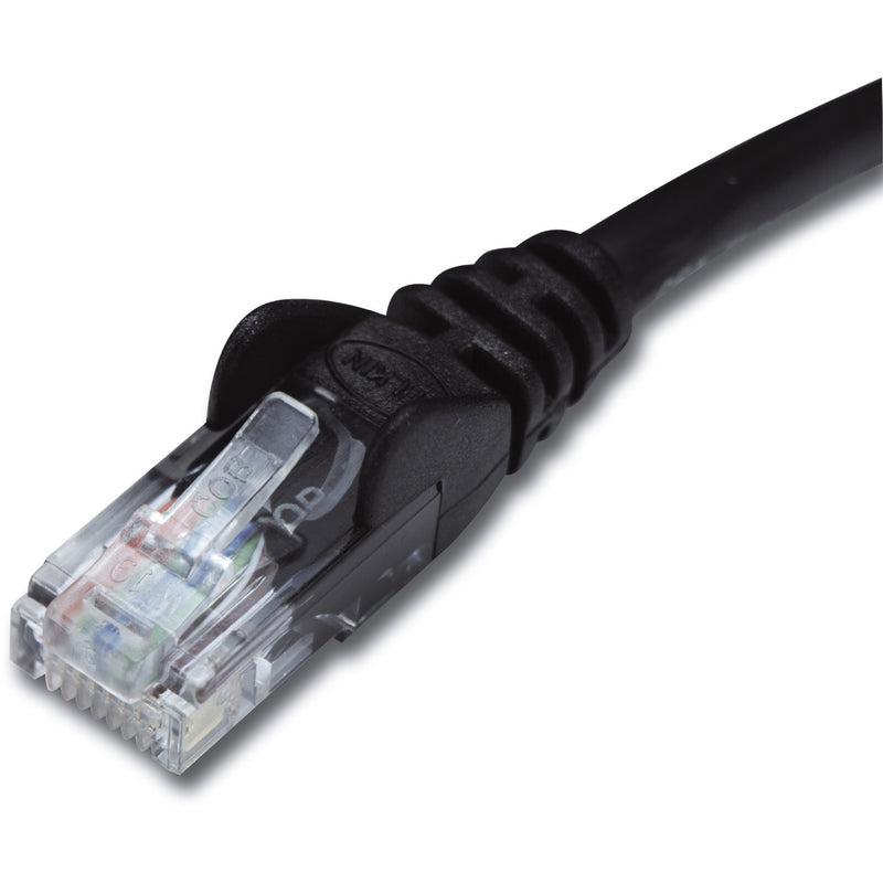 Detailed view of black snagless boot protection on RJ45 connector of CAT5e network cable