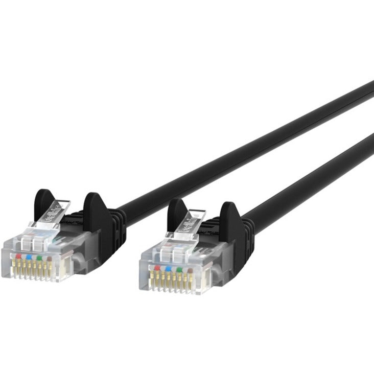 Close-up view of RJ45 connectors on Belkin Cat5e network cable showing transparent housing and internal wiring