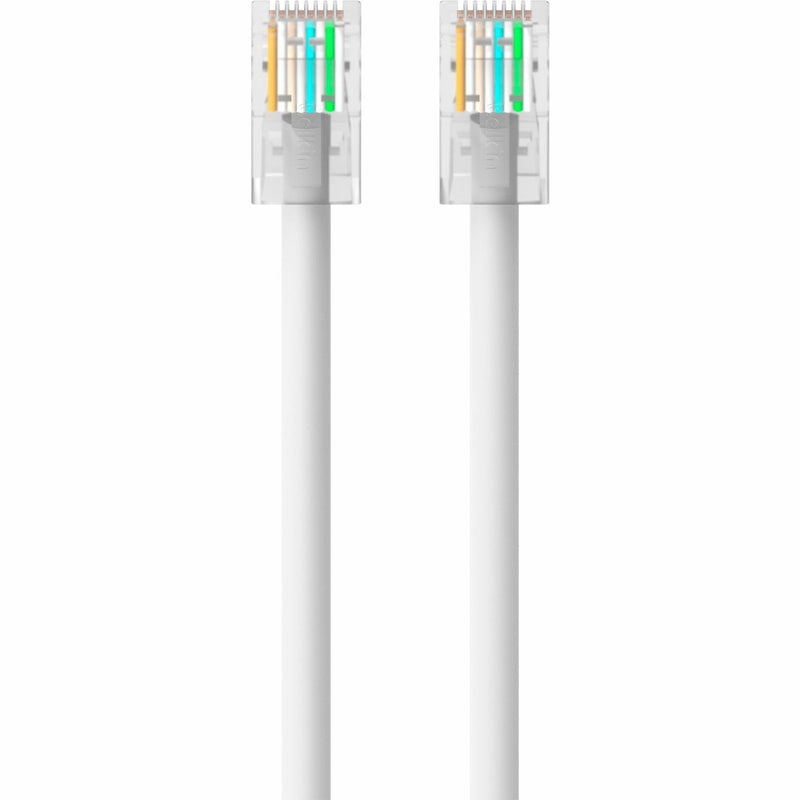 Side view of CAT5e ethernet cable connectors showing internal wire arrangement and white cable jacket