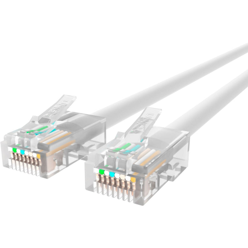 Close-up view of gold-plated RJ45 connectors on white CAT5e ethernet cable showing internal wiring configuration