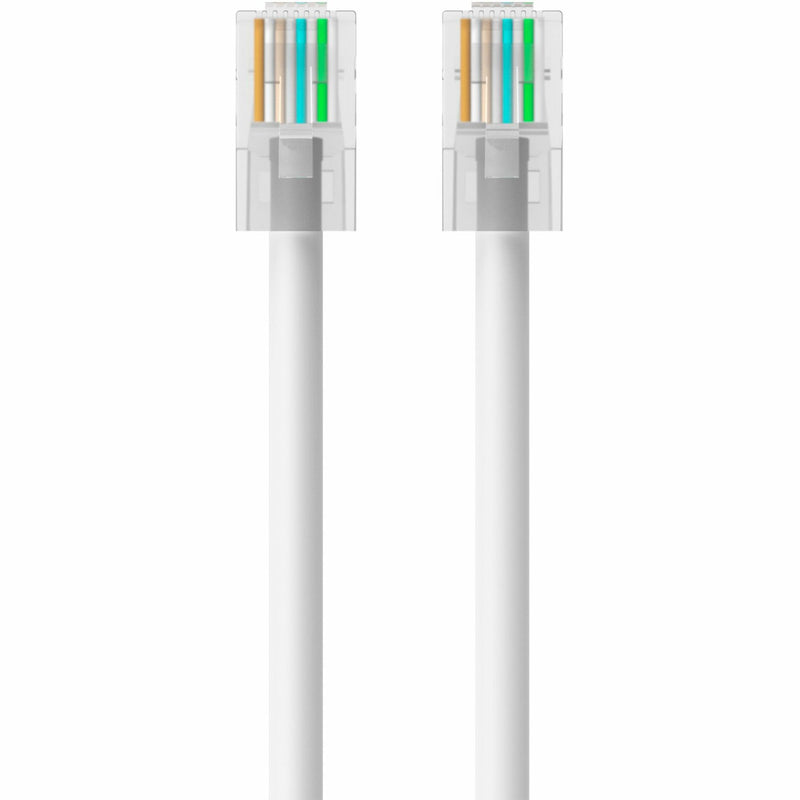 Detailed view of CAT5e ethernet cable connector internal wiring and white cable construction