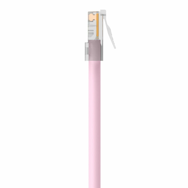 Detailed view of RJ45 connector profile showing streamlined design on pink ethernet cable