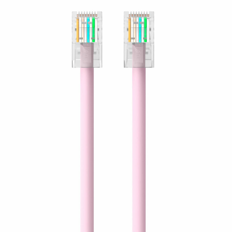 Top view of RJ45 connector showing color-coded wire arrangement in pink ethernet cable