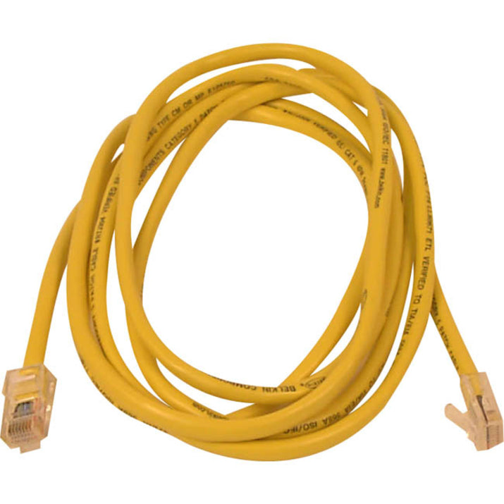 14-foot yellow Cat5e network patch cable with RJ45 connectors showing coiled cable configuration