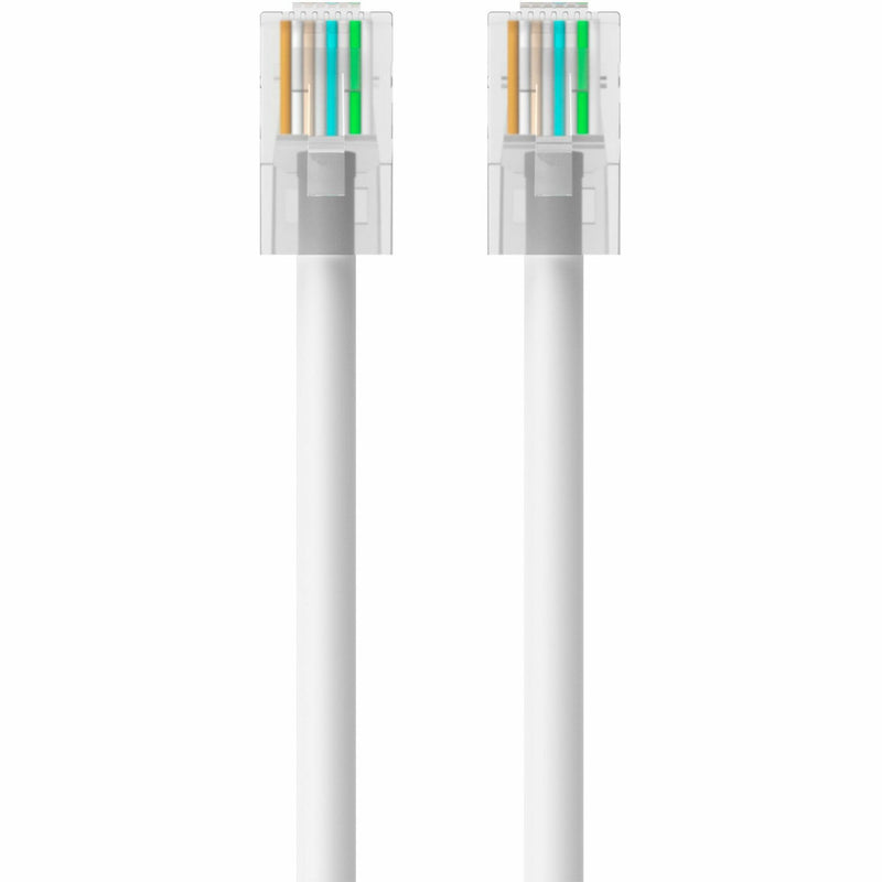 Full length view of white CAT5e ethernet cable with connector detail