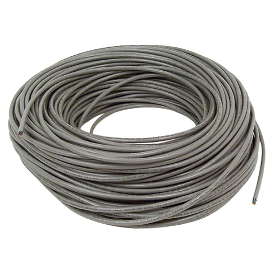 Gray Category 5e network cable coiled showing 1000 feet of stranded bulk ethernet cable with PVC jacket