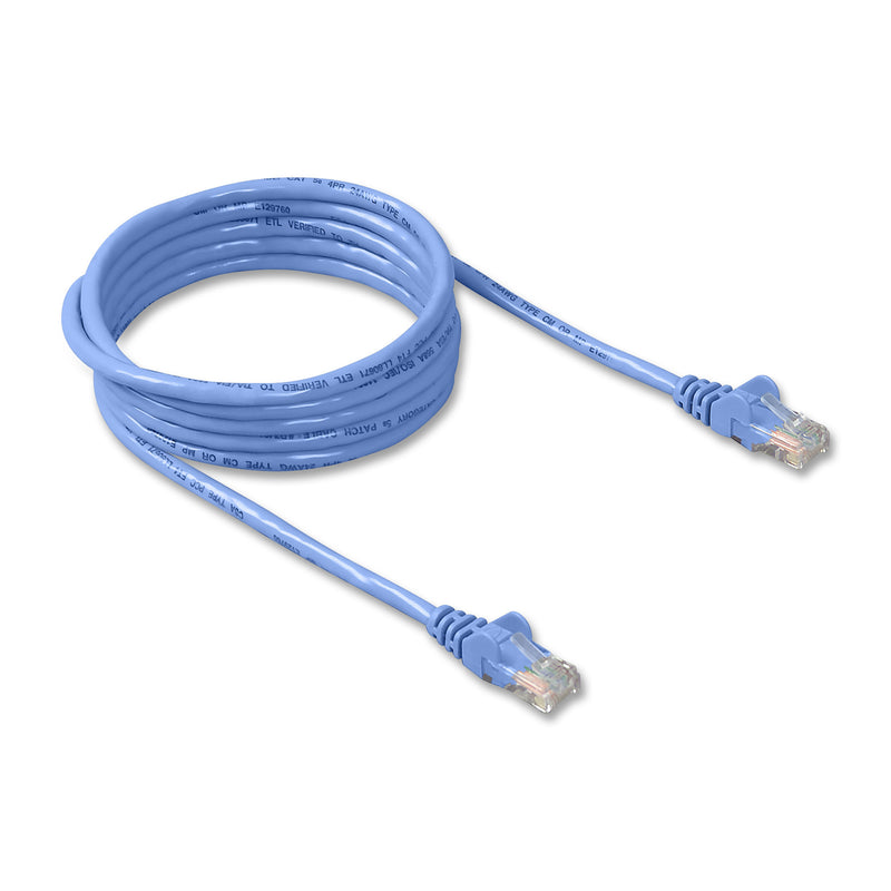 Full length view of coiled blue Belkin CAT5e network cable showing both connectors