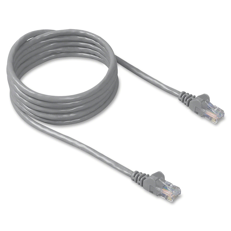 Full length view of coiled Belkin Cat5e network cable showing both connectors and gray jacket