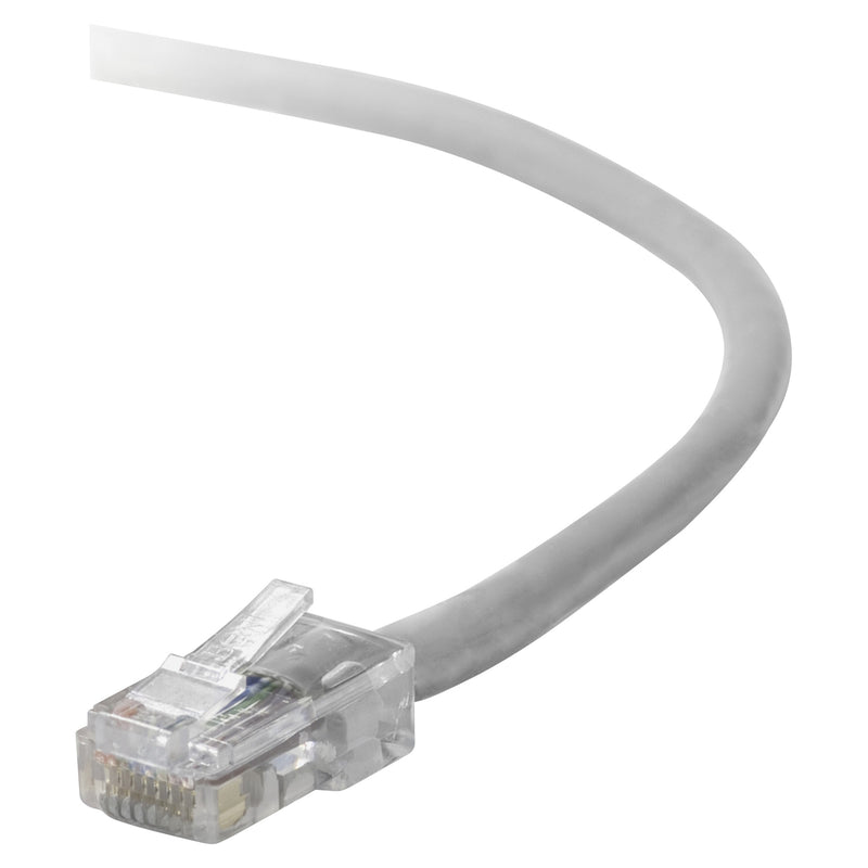 Detailed side view of Belkin Cat5e cable connector showing strain relief design and internal wiring