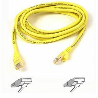 Yellow Cat5e network patch cable with RJ45 connectors and pin configuration diagram