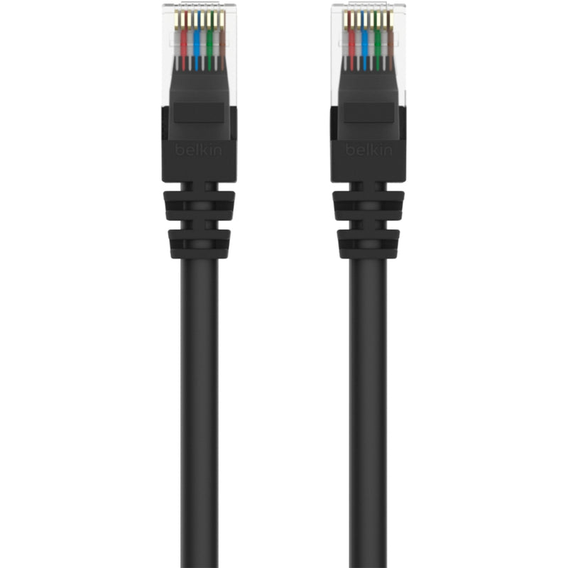 Detailed view of Belkin Cat5e cable connectors showing color-coded internal wiring arrangement