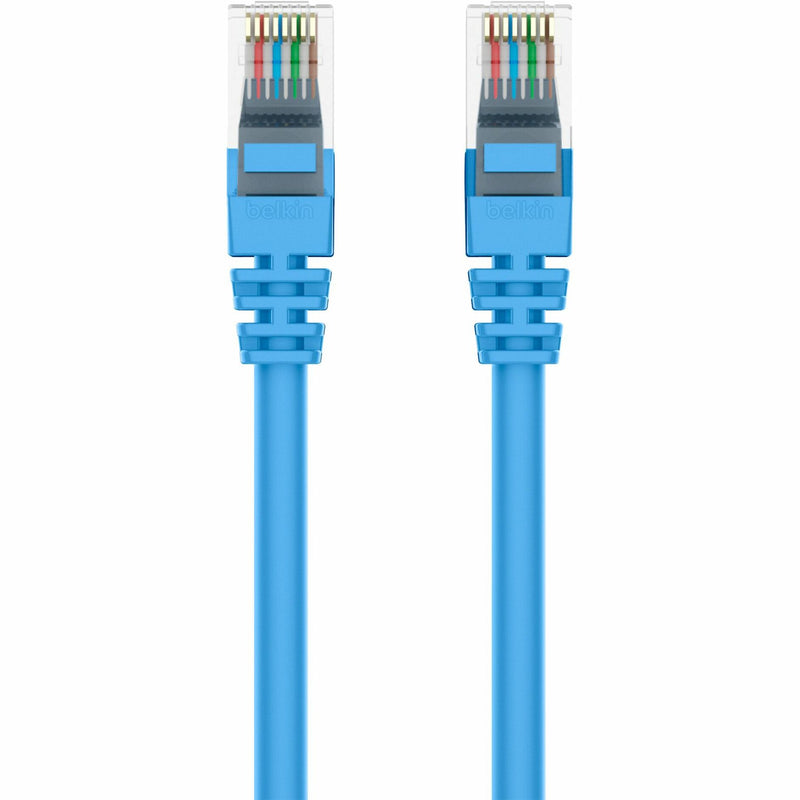 Top view of Belkin Cat5e crossover cable connectors showing internal wire arrangement