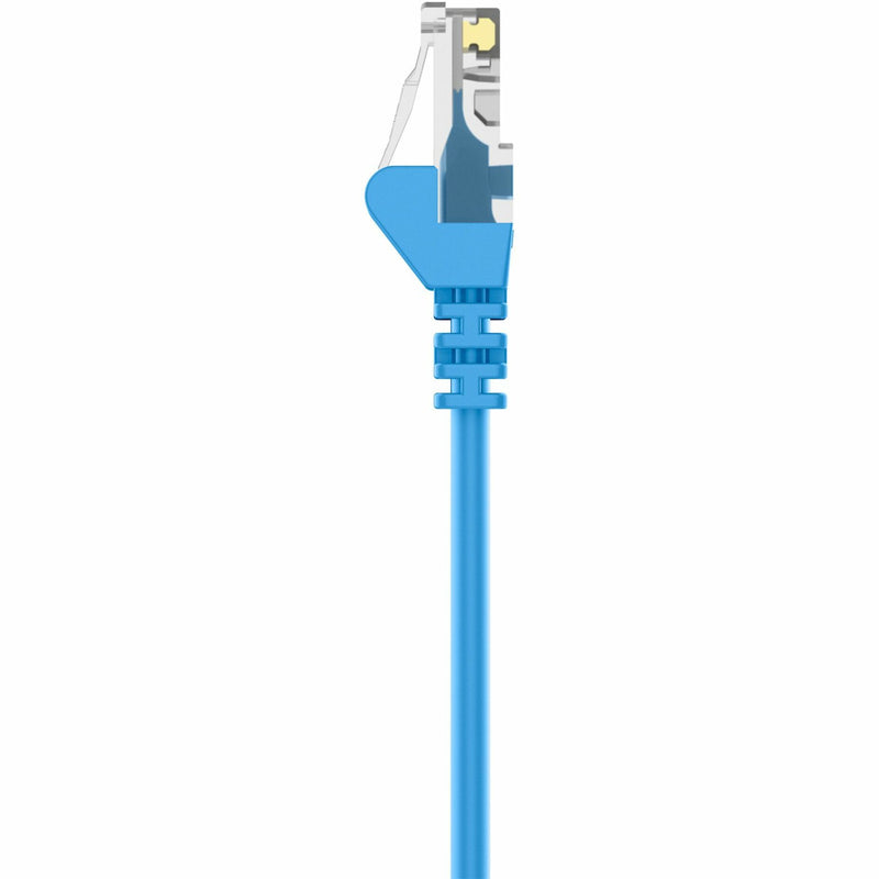 Detailed view of Belkin Cat5e crossover cable connector showing clip mechanism and strain relief