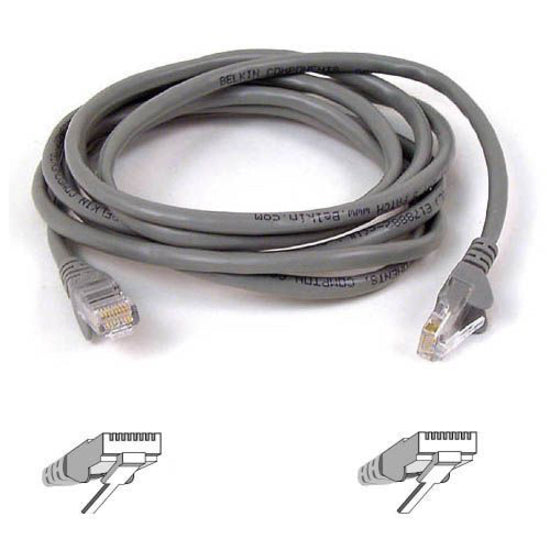 Gray Belkin Cat6 network patch cable with RJ-45 connectors and snagless design, shown coiled with connector diagram