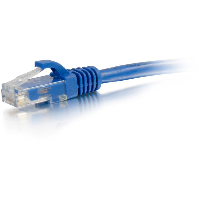 Detailed view of blue strain relief boot and RJ-45 connector on Cat5e ethernet cable