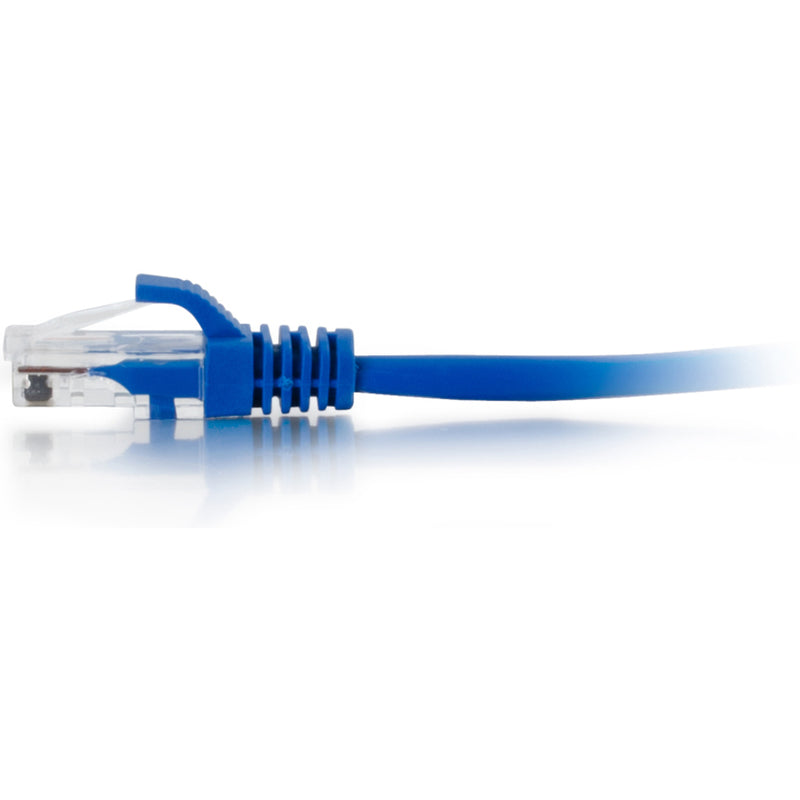 Side profile of RJ-45 connector showing ergonomic design and strain relief on blue ethernet cable